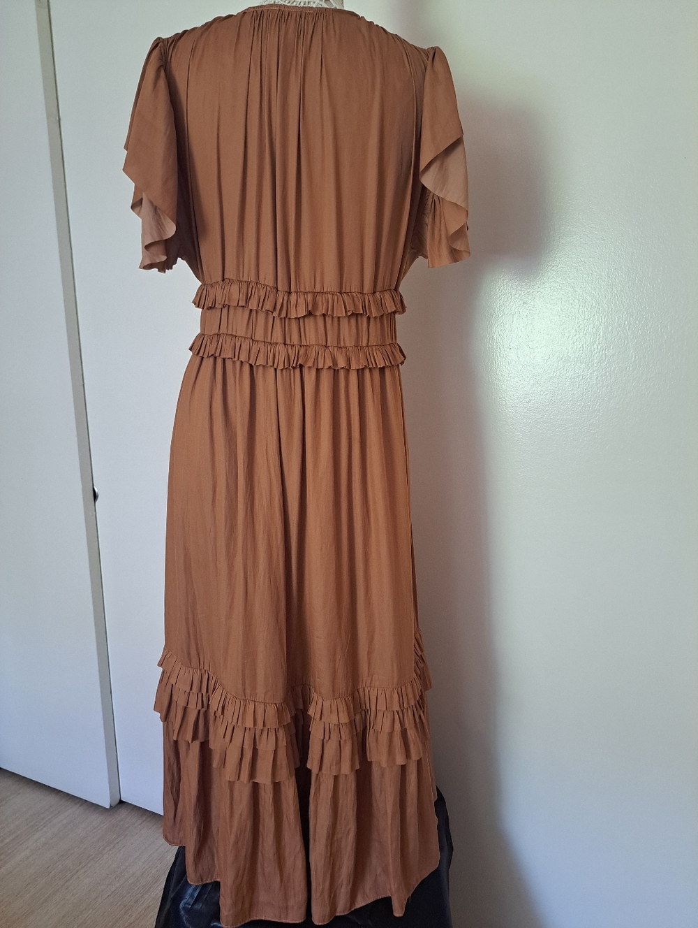 Willa Ruffle V-Neck Maxi Dress in Camel. - Picture 2 of 13